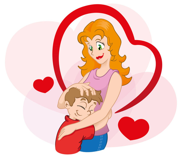 Illustration is an affectionate hug between mother and child - Вектор,изображение