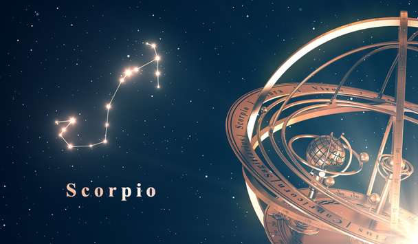 Znak zodiaku Skorpion konstelacji i sfera armilarna na niebieskim tle - Zdjęcie, obraz