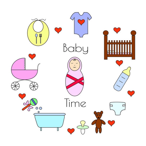 Set of baby icons. Supplies for newborn, vector illustration - Vector, Image