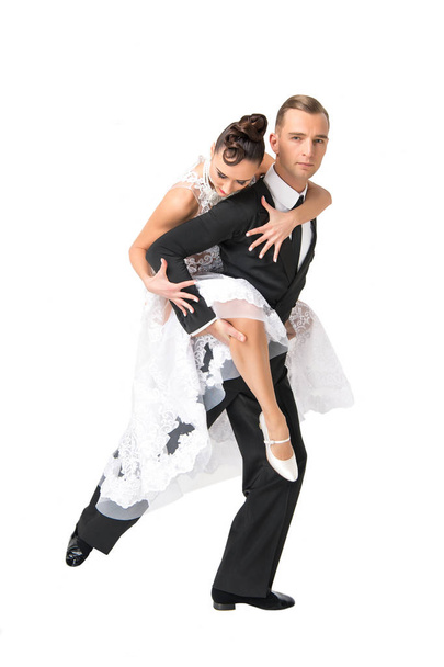 ballrom dance couple in a dance pose isolated on white bachgroun - Fotografie, Obrázek
