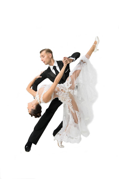 ballrom dance couple in a dance pose isolated on white bachgroun - Fotografie, Obrázek
