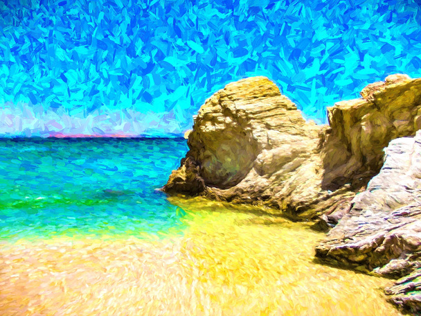 Beach landscape with rock. Water flow over beach rock. Tropical island illustration. Summer travel card. - Photo, Image