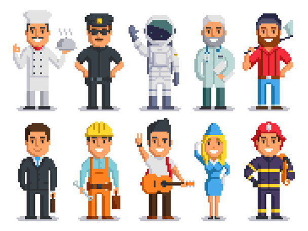 Pixel Art Charaktere Berufe Menschen isoliert Set - Vektor, Bild