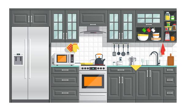 Küche weiße Möbel mit Geräten Illustration. - Vektor, Bild