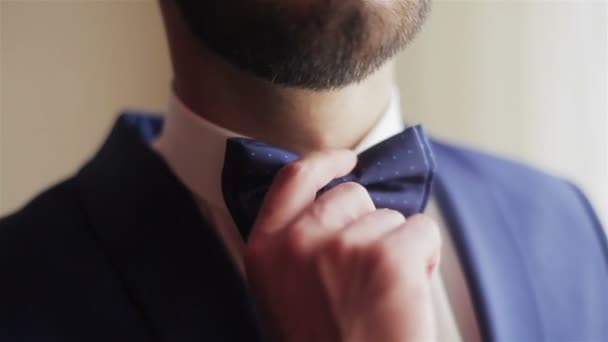 Mannelijke handen aanpassing blauwe bowtie close-up 4k. Goed geklede jonge man aanraken zet en past funky dots strikje op witte shirt aan te raken. Dressing man rechtzetten ' bow-tie ondiepe scherptediepte - Video