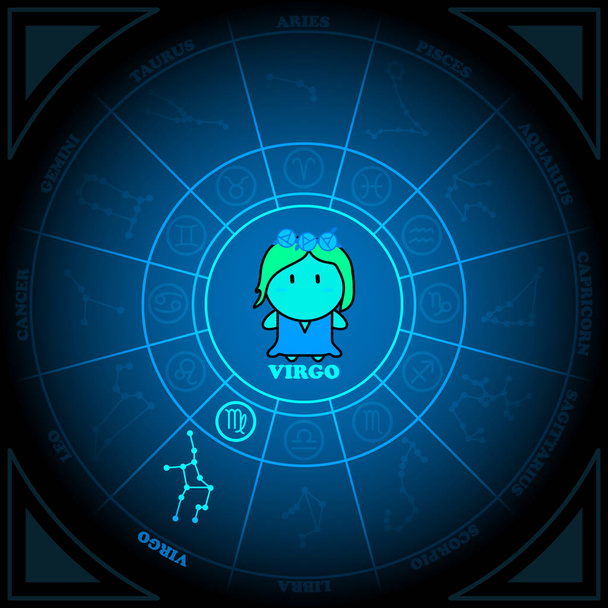 Astronomy of Virgo Zodiac Circle with zodiac sign icon vector on black background - Vector, Image