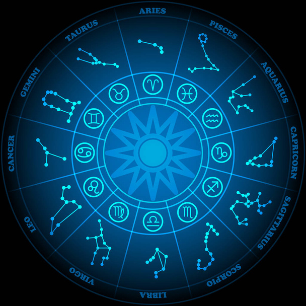 Astronomie van Zodiac cirkel met pictogram vector van de tekens van de dierenriem op zwarte achtergrond - Vector, afbeelding