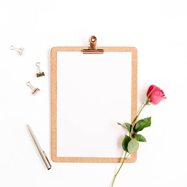 Clipboard mock up and pink rose flower  - Photo, Image