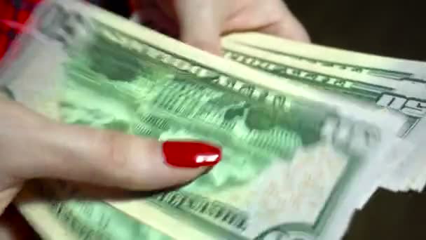 close up of young business woman counts pack of money in hands - Πλάνα, βίντεο