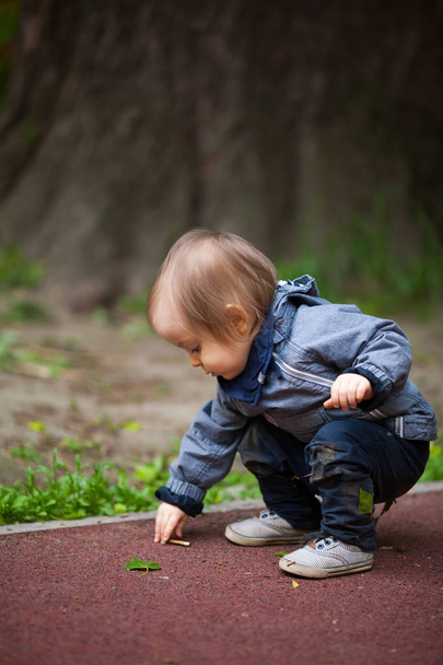 Bir kış mavi gözlü küçük çocuk yürümek. - Fotoğraf, Görsel