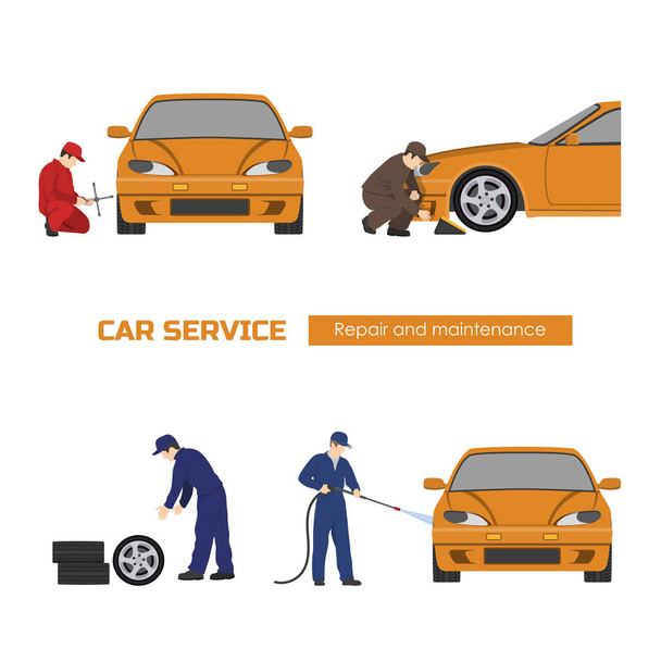 Reparación y mantenimiento de automóviles. Taller de vehículos. Imágenes de servicios automáticos sobre fondo blanco
 - Vector, Imagen
