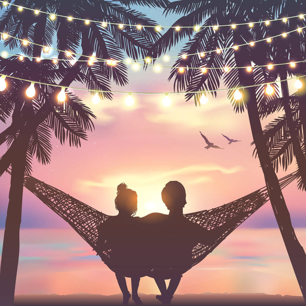 Couple in love at the beach on hammock. Background in beach style - Vector, Image