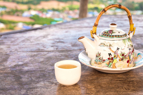 Chiński styl filiżanka i czajnik z zielonej herbaty - Zdjęcie, obraz