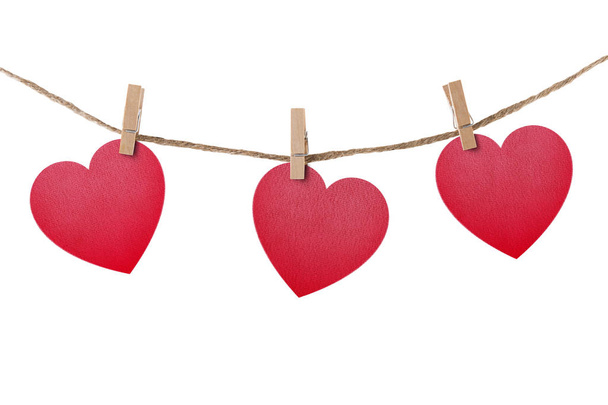 Love hearts hanging on rope on white with clipping path - Fotografie, Obrázek