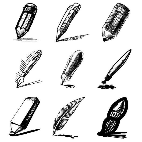 Pens and pencils collection .Hand drawing sketch vector set - Vecteur, image