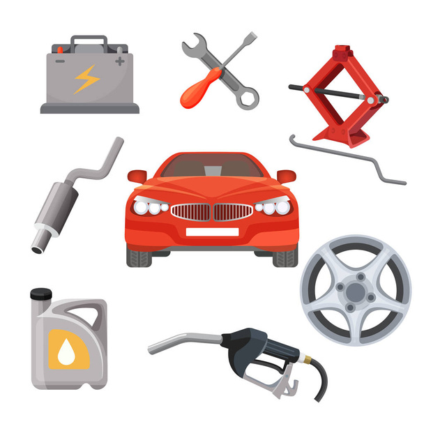 Car service set. Red automobile and working equipment around. Vector - Vector, Image