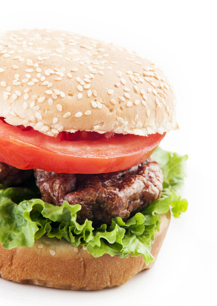 Burger Nahaufnahme auf weißem Hintergrund - Foto, Bild