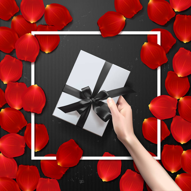Pudełko prezentowe kolor wektor, łuki i wstążek. Valentine's granica karta projekt z czerwone płatki róż   - Wektor, obraz