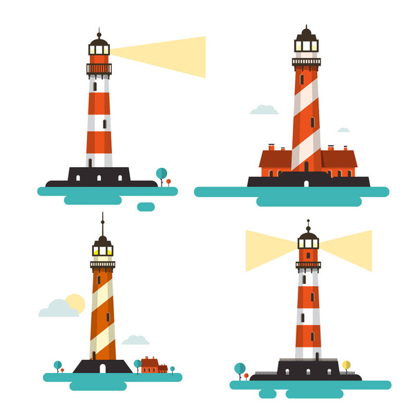 Flat Design Lighthouse. Vector Lighthouses Set Isolated on White Background. - Vector, Image