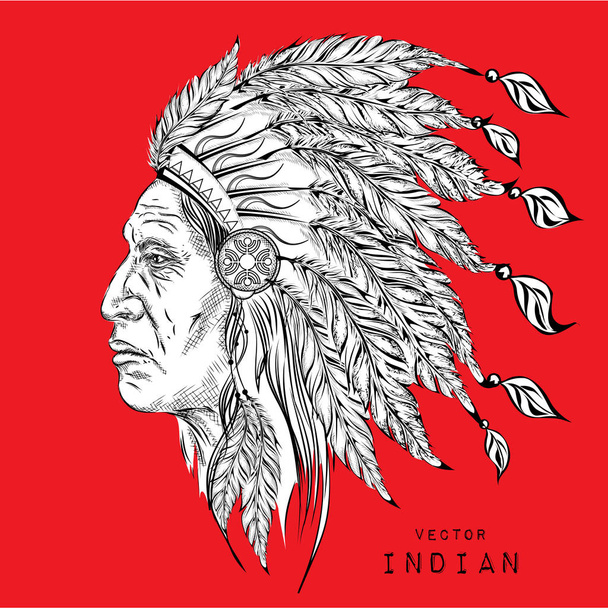Man in de Native American Indian chief. Zwarte voorn. Indiase veren hoofdtooi van adelaar. Hand loting vectorillustratie - Vector, afbeelding