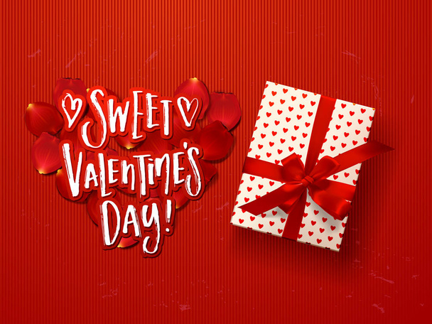 valentine 's Diseño de tarjetas con caja de regalo, lazos. Caligrafía dibujada a mano "dulce día de San Valentín
" - Vector, imagen