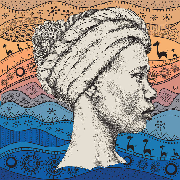 Mädchen im Turban mit afrikanischer Handzeichnung Ethno-Muster, Stammeshintergrund. schöne schwarze Frau. Profilansicht. Vektorillustration - Vektor, Bild