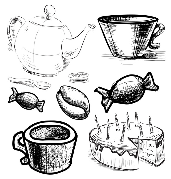 Colección de objetos de tiempo de té aislada sobre fondo vintage. Dibujo a mano dibujo vector ilustración
 - Vector, imagen