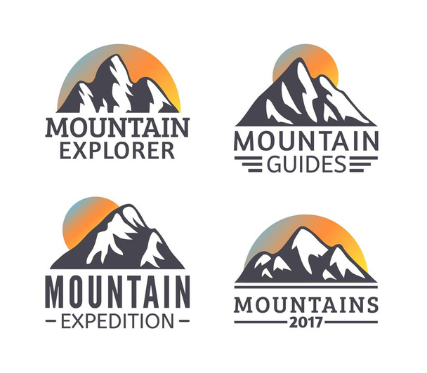 手描きの山のロゴを設定します。スキー リゾートのベクトルのアイコン、山のシルエットの要素 - ベクター画像