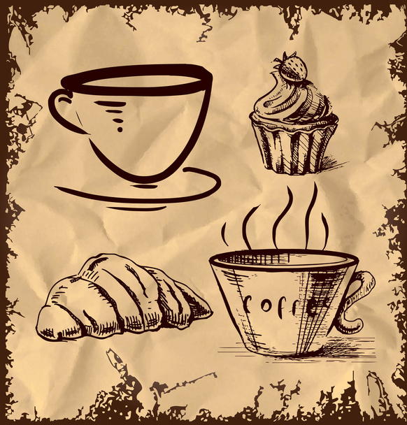 Tea time objects collection isolated on vintage background. Hand drawing sketch vector illustration - ベクター画像