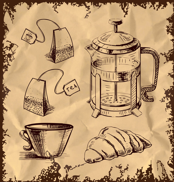Tea time objects collection isolated on vintage background. Hand drawing sketch vector illustration - Vektor, kép