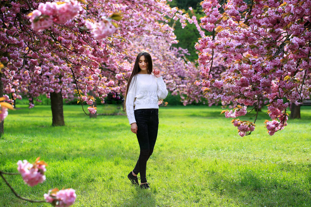 schöne junge Frau im Blütenpark - Foto, Bild