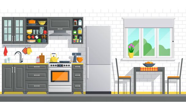 Móveis de cozinha com aparelhos em uma parede de tijolo branco
. - Vetor, Imagem
