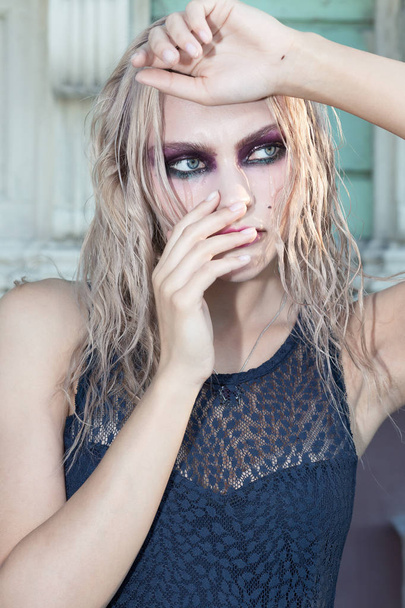 A fashion gothic style portrait of a beautiful blonde girl - Photo, image
