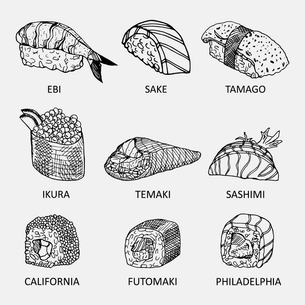 Schizzo grafico di diversi tipi di sushi. Illustrazione vettoriale. Rotoli gustosi disegnati a mano utilizzati per la pubblicità di menu sushi, logo, etichette o poster design
. - Vettoriali, immagini