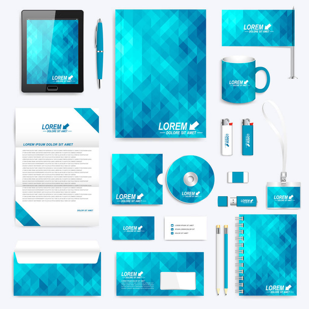 Blue set of vector corporate identity template. Modern stationery mock-up. Background with blue triangles. Business, science, medicine and technology design. Branding design. - Vector, Image