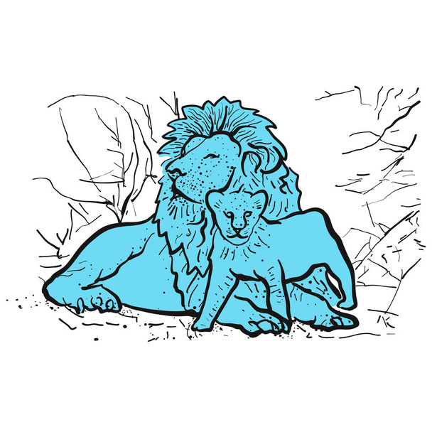 Leão velho e leão jovem na frente de arbustos
 - Vetor, Imagem