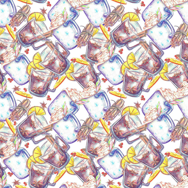 Watercolor seamless pattern. Mug of cocoa with cream and marshma - Fotó, kép