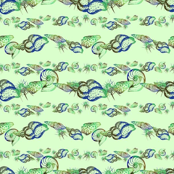 Watercolor exotic seamless pattern. Shellfish. Underwater life. - Φωτογραφία, εικόνα