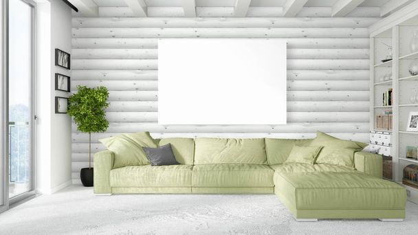 Modern bright interior with empty frame . 3D rendering - Foto, afbeelding