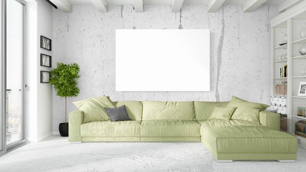 Modern bright interior with empty frame . 3D rendering - Fotó, kép