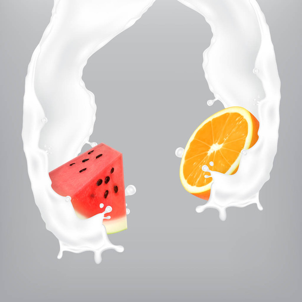 Frutas en salpicaduras de leche
 - Vector, Imagen