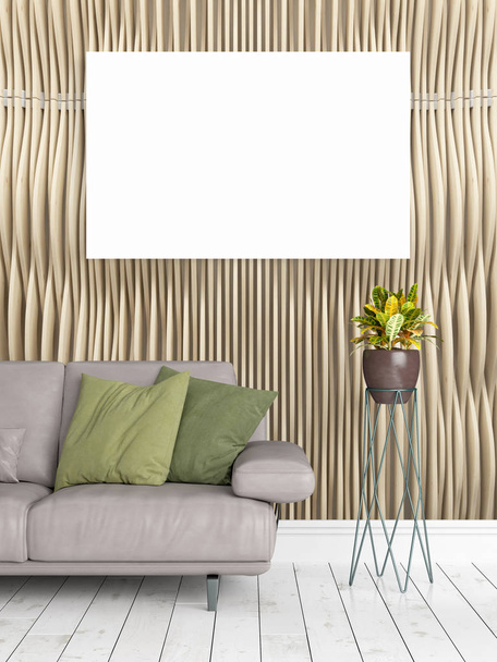 Modern bright interior with empty frame . 3D rendering - Foto, Imagen