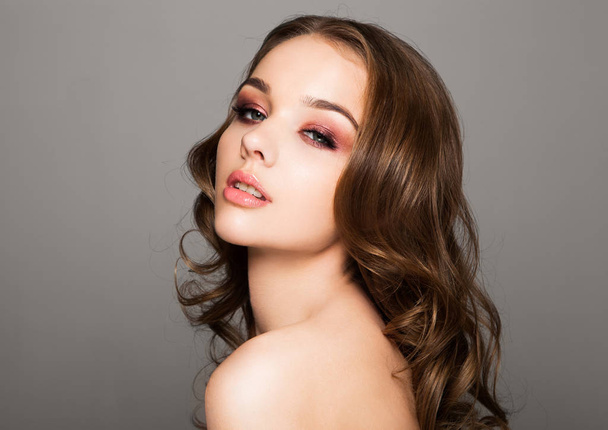 Beauty red eyes pink lips makeup fashion model - Fotoğraf, Görsel