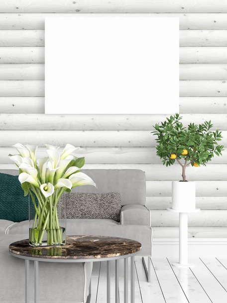 Modern bright interior with empty frame . 3D rendering - Photo, Image
