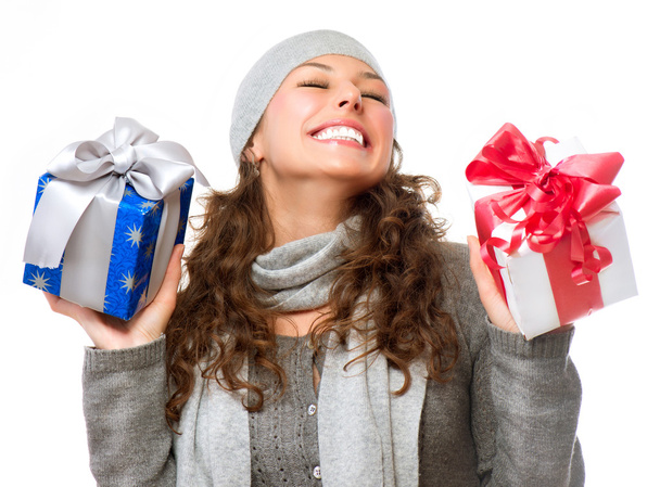 Happy Young Woman With Christmas Gifts. Gift Box - Foto, Imagen