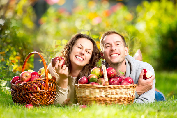 Couple Relaxing on the Grass and Eating Apples in Autumn Garden - Foto, immagini