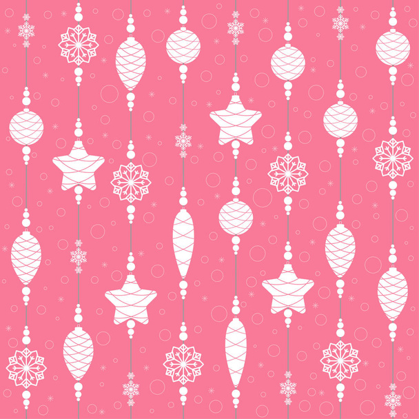 Christmas toys on threads with beads and snowflakes. Seamless background. Pattern. Vector illustration. - Wektor, obraz