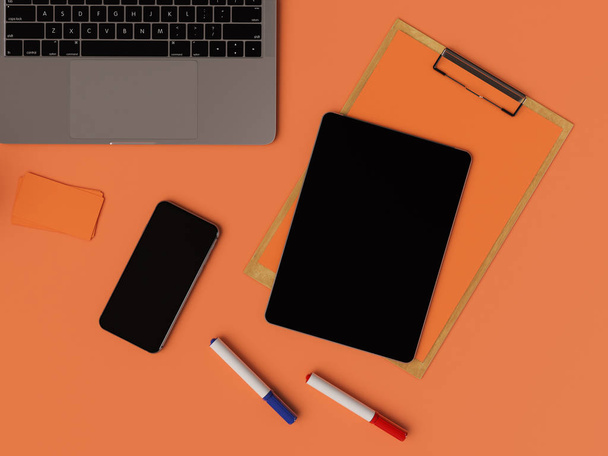 Orange Corporate Identity. Branding Mock Up. Office supplies, Gadgets. 3D illustration - Fotó, kép