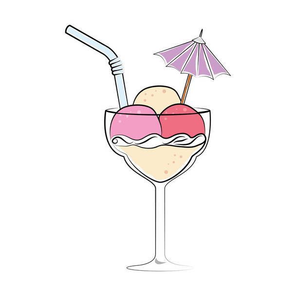 Silhouettenfarbe mit Cocktailgetränk mit Eiskugeln und Stroh und dekorativem Regenschirm - Vektor, Bild