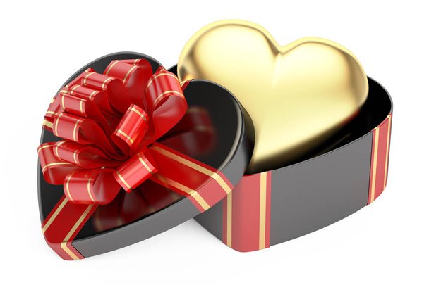 Valentine's Day concept. Black gift box with golden heart, 3D re - Foto, imagen